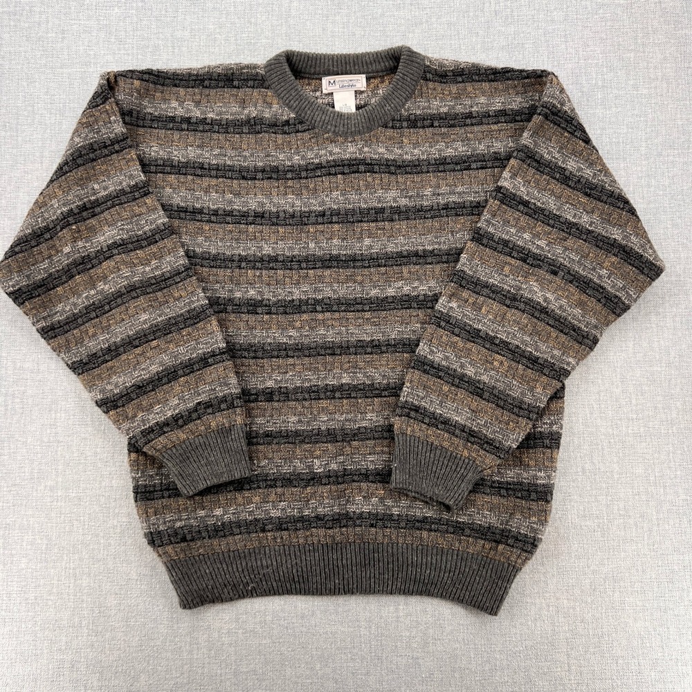 VTG 90s Munsingwear Striped Knit Sweater Men Large Gray Brown Grandpa Cozy Retro - Picture 4 of 9